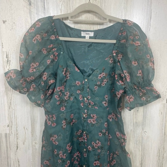RAHI Anthropologie Teal Floral Mini Dress Size M Sheer Puff Sleeve Button Front - Picture 2 of 8